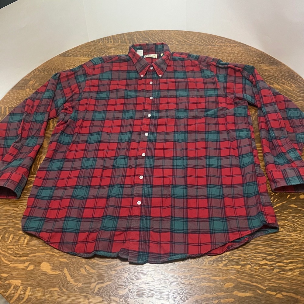 LL Bean Flannel Shirt Mens XXL Tall Red Green Plaid Button Down Made in USA